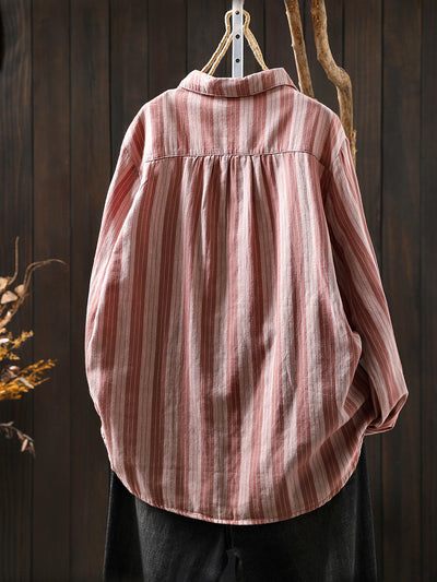 Women Autumn Stripe 100%Cotton Turn-down Collar Shirt