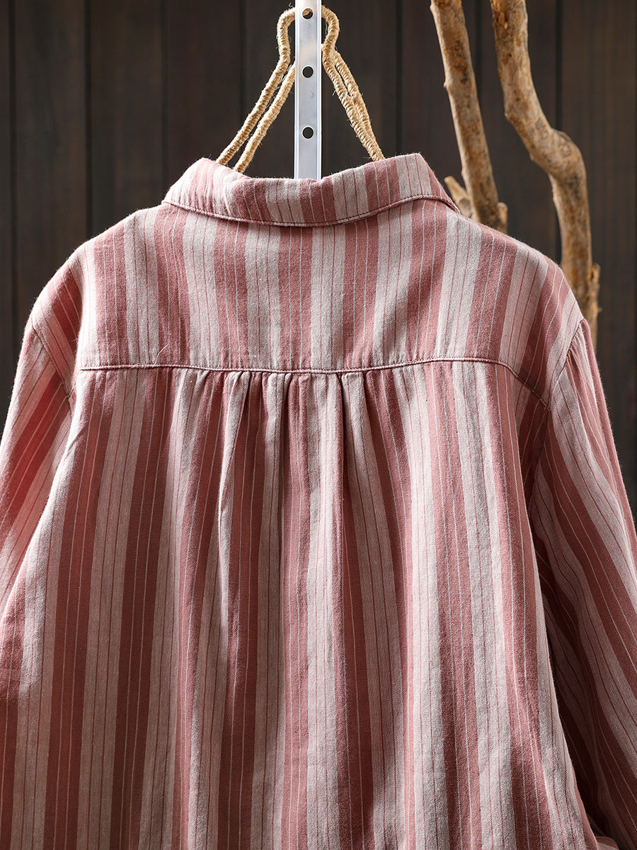 Women Autumn Stripe 100%Cotton Turn-down Collar Shirt
