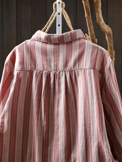 Women Autumn Stripe 100%Cotton Turn-down Collar Shirt