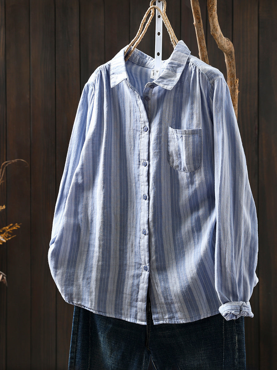 Women Autumn Stripe 100%Cotton Turn-down Collar Shirt