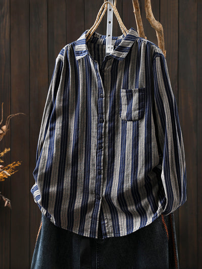 Women Autumn Stripe 100%Cotton Turn-down Collar Shirt
