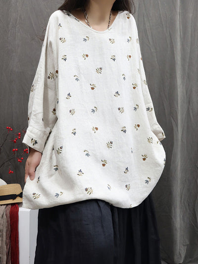 Women Autumn Vintage Flower 100%Linen V-Neck Blouse