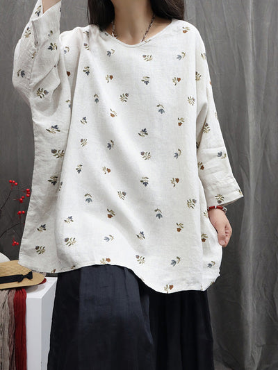 Women Autumn Vintage Flower 100%Linen V-Neck Blouse