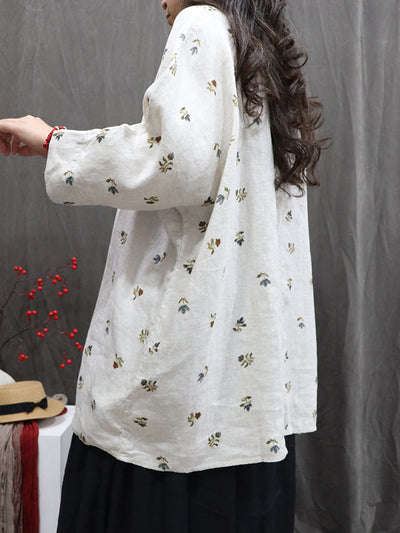 Women Autumn Vintage Flower 100%Linen V-Neck Blouse
