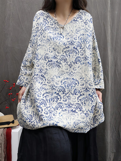 Women Autumn Vintage Flower 100%Linen V-Neck Blouse