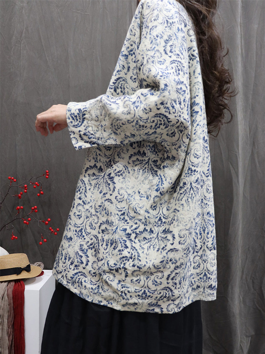 Women Autumn Vintage Flower 100%Linen V-Neck Blouse