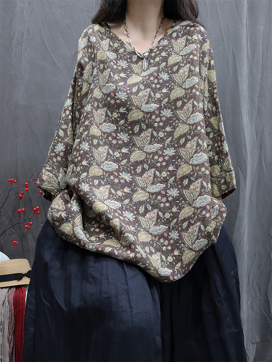 Women Autumn Vintage Flower 100%Linen V-Neck Blouse