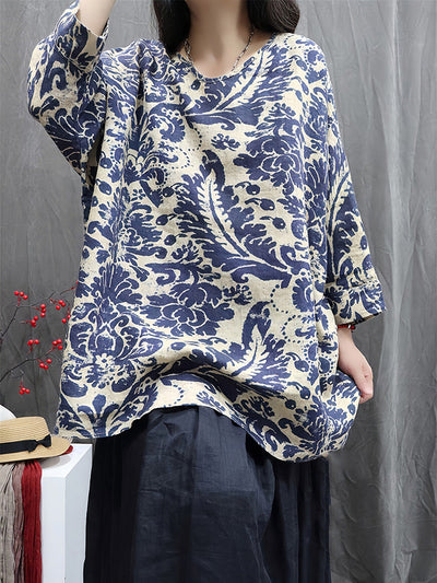 Women Autumn Vintage Flower 100%Linen V-Neck Blouse