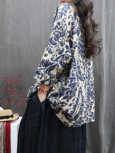 Women Autumn Vintage Flower 100%Linen V-Neck Blouse