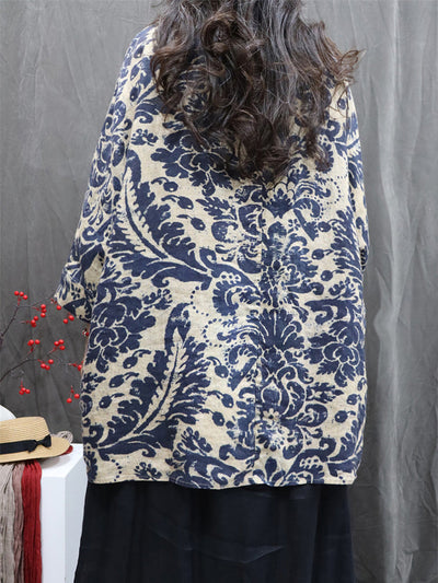 Women Autumn Vintage Flower 100%Linen V-Neck Blouse