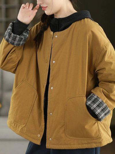 Women Autumn Pure Color 100%Cotton O-Neck Padded Jacket