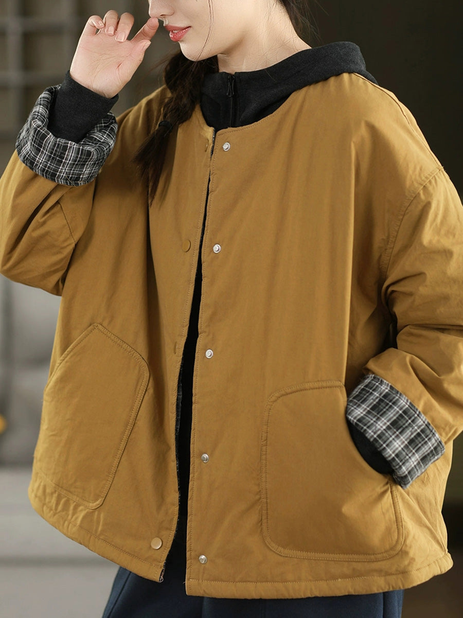 Women Autumn Pure Color 100%Cotton O-Neck Padded Jacket