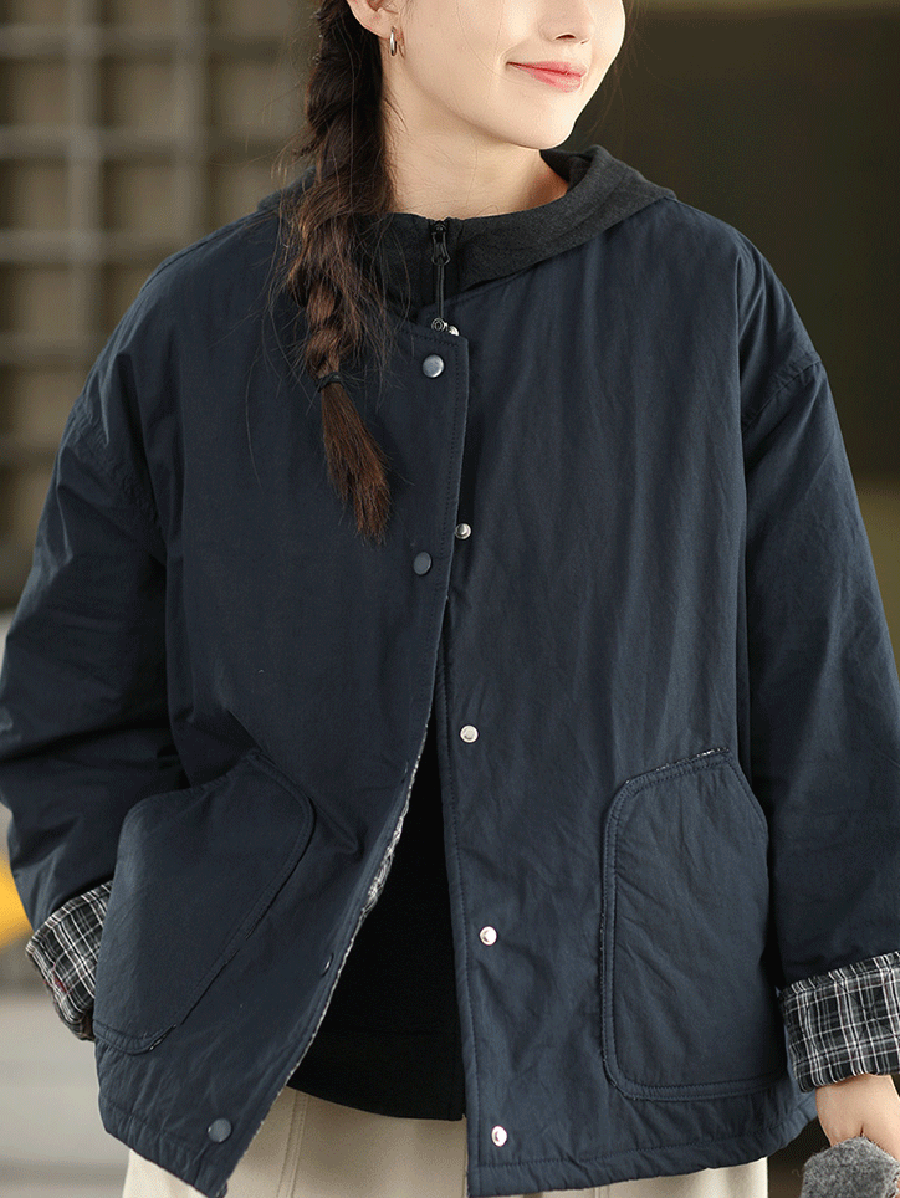 Women Autumn Pure Color 100%Cotton O-Neck Padded Jacket