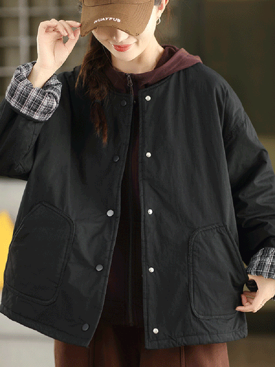 Women Autumn Pure Color 100%Cotton O-Neck Padded Jacket