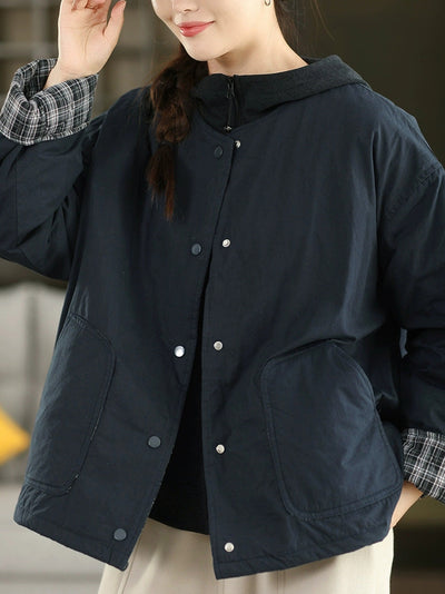 Women Autumn Pure Color 100%Cotton O-Neck Padded Jacket