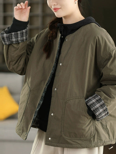 Women Autumn Pure Color 100%Cotton O-Neck Padded Jacket