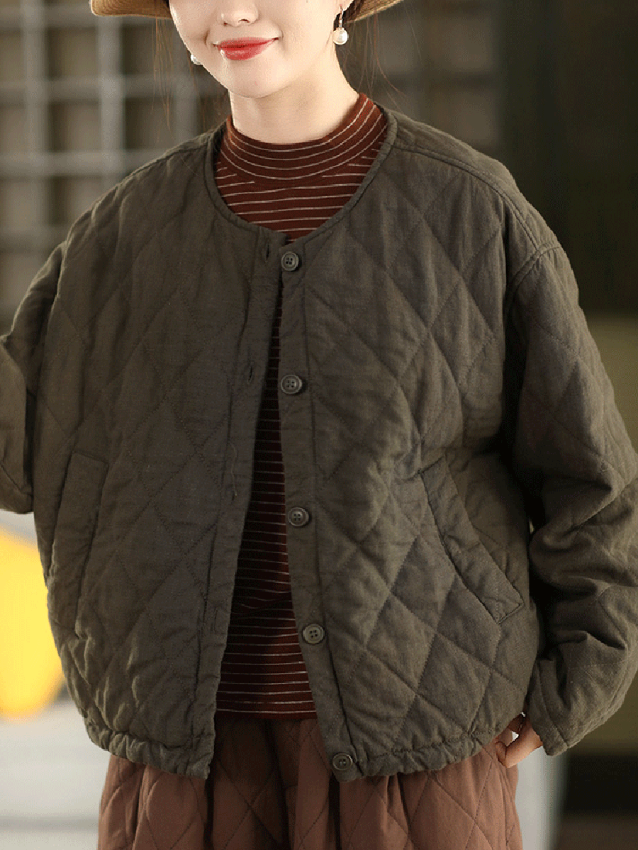 Women Autumn Pure Color 100%Linen O-Neck Padded Jacket