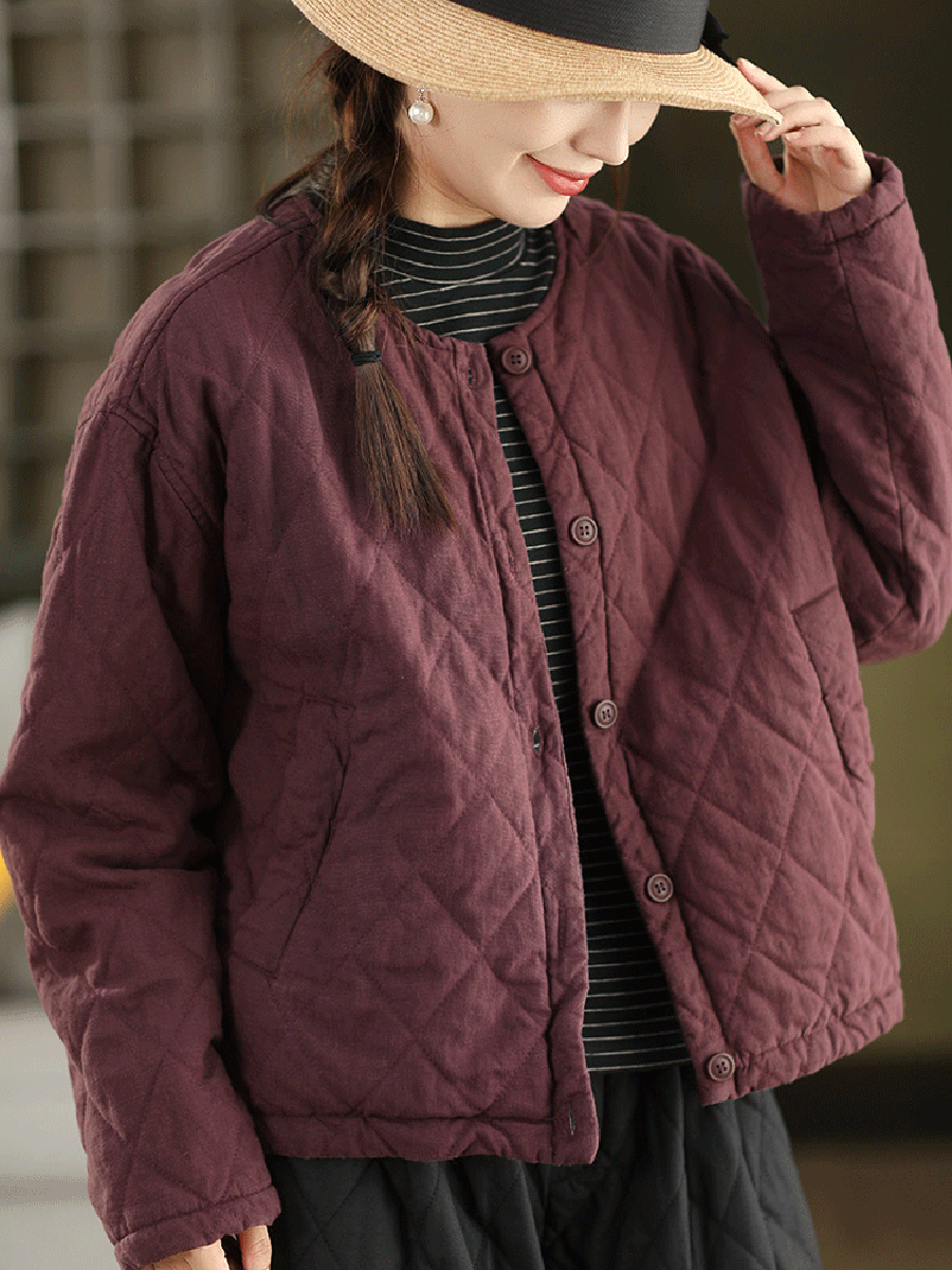 Women Autumn Pure Color 100%Linen O-Neck Padded Jacket
