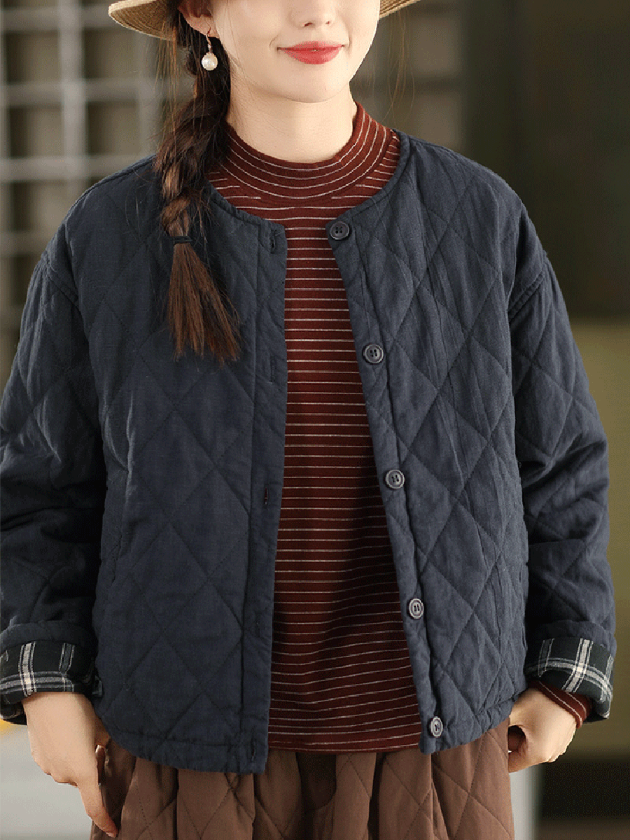 Women Autumn Pure Color 100%Linen O-Neck Padded Jacket