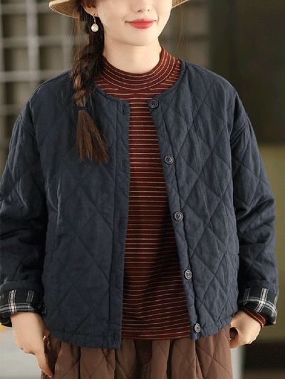 Women Autumn Pure Color 100%Linen O-Neck Padded Jacket