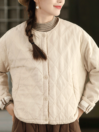 Women Autumn Pure Color 100%Linen O-Neck Padded Jacket