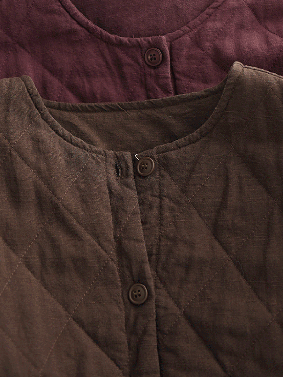 Women Autumn Pure Color 100%Linen O-Neck Padded Jacket