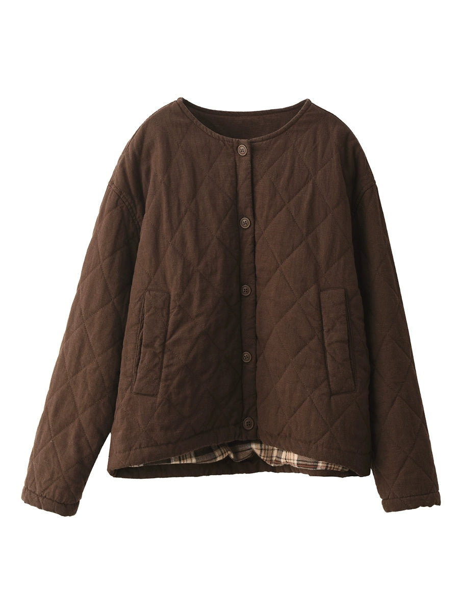 Women Autumn Pure Color 100%Linen O-Neck Padded Jacket