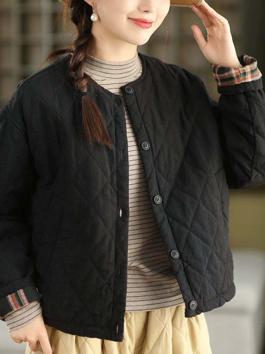 Women Autumn Pure Color 100%Linen O-Neck Padded Jacket