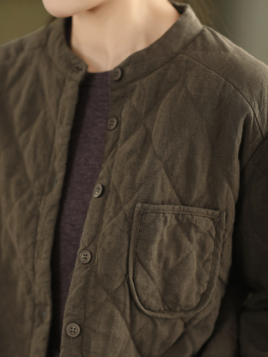 Women Autumn Pure Color 100%Linen Stand Collar Padded Jacket