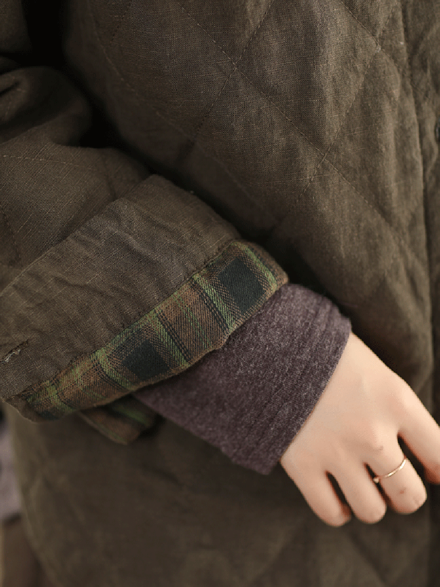 Women Autumn Pure Color 100%Linen Stand Collar Padded Jacket