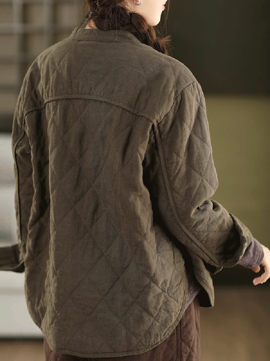 Women Autumn Pure Color 100%Linen Stand Collar Padded Jacket