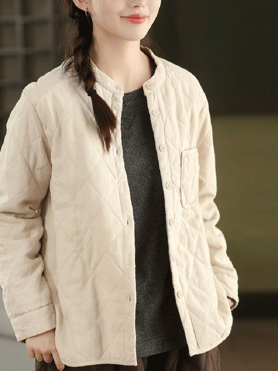 Women Autumn Pure Color 100%Linen Stand Collar Padded Jacket