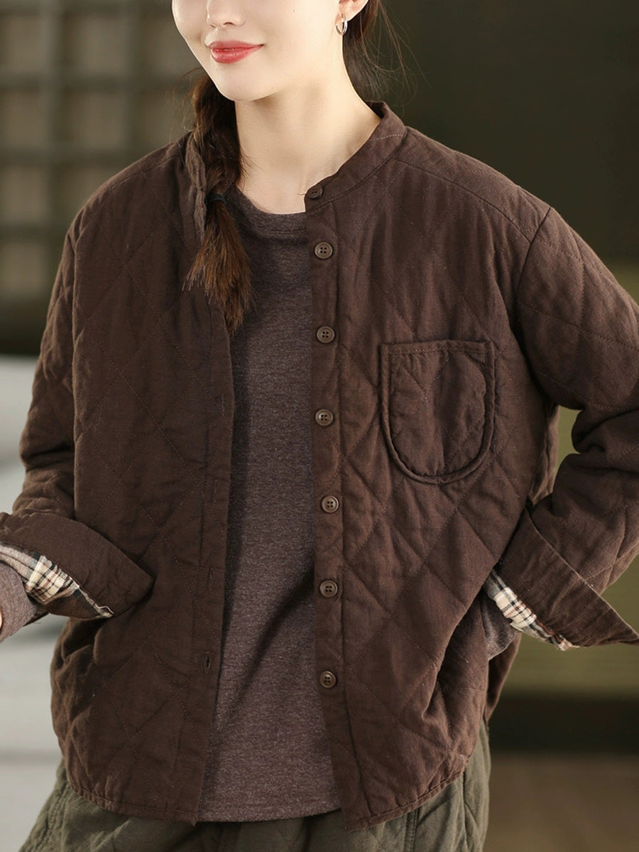 Women Autumn Pure Color 100%Linen Stand Collar Padded Jacket
