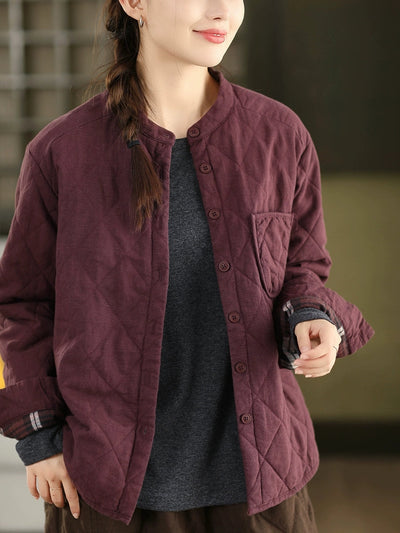 Women Autumn Pure Color 100%Linen Stand Collar Padded Jacket