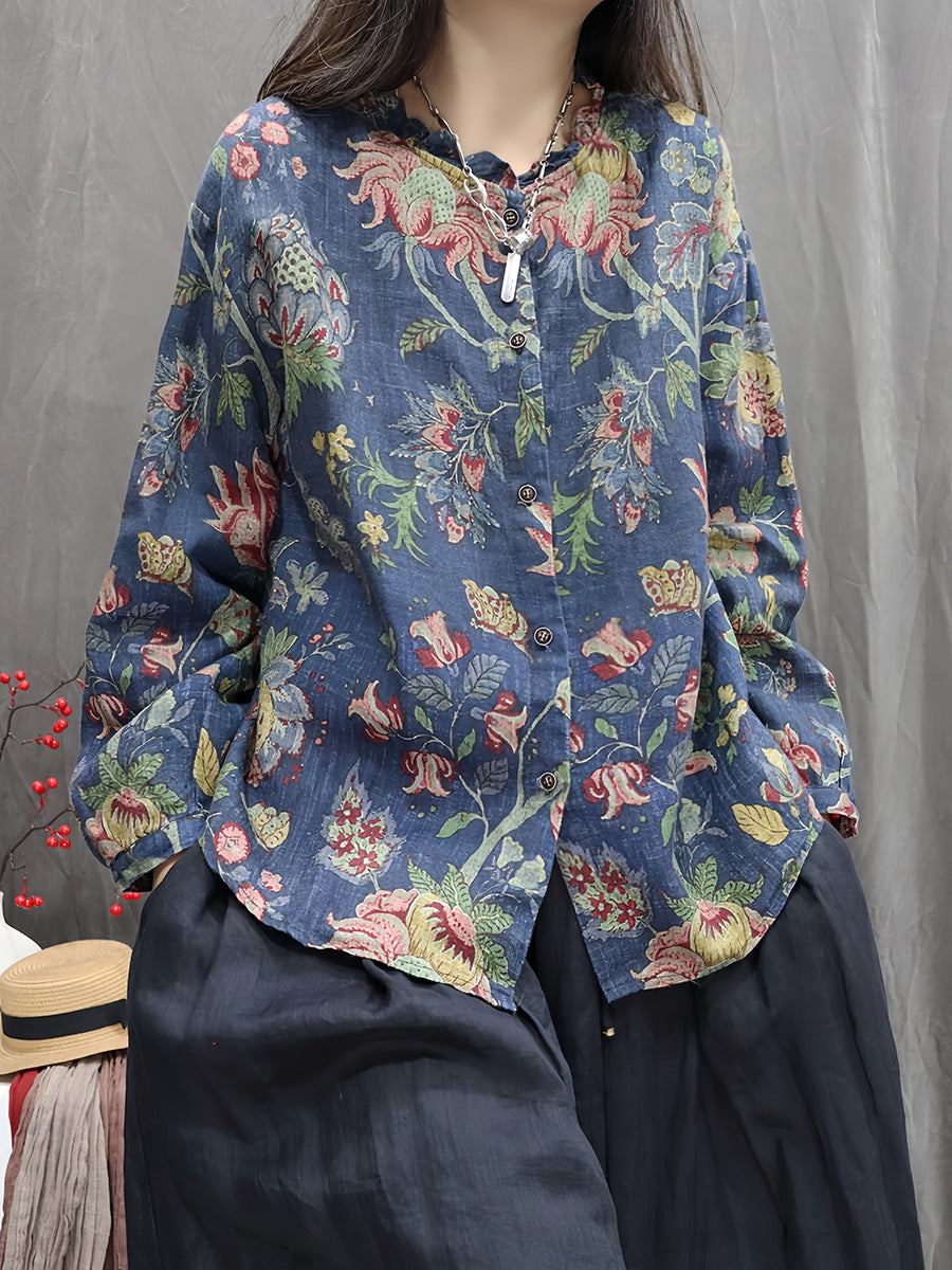 Women Autumn Vintage Flower 100%Linen O-Neck Shirt