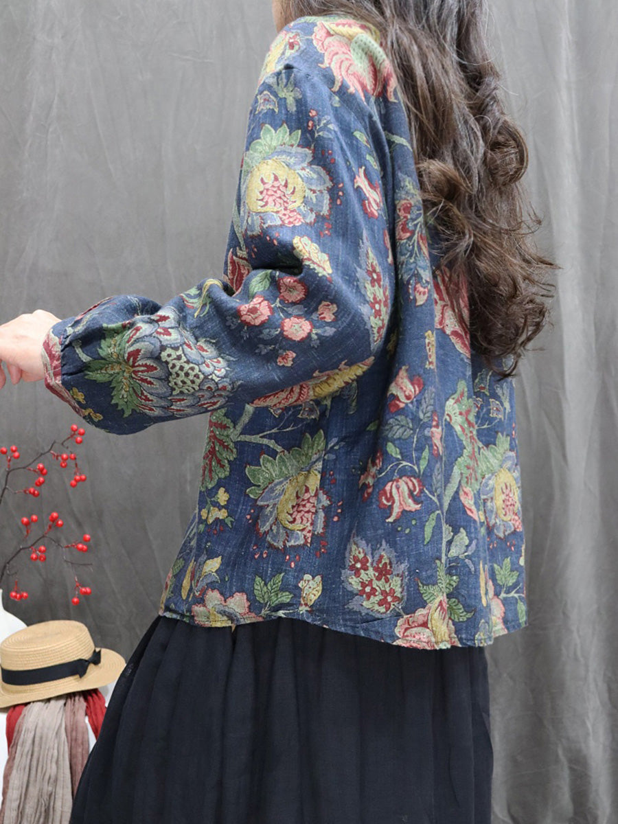 Women Autumn Vintage Flower 100%Linen O-Neck Shirt