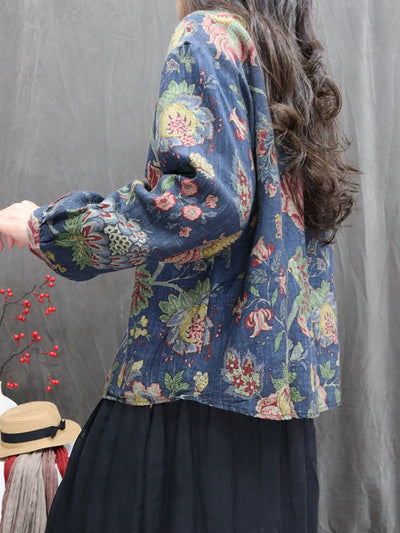 Women Autumn Vintage Flower 100%Linen O-Neck Shirt