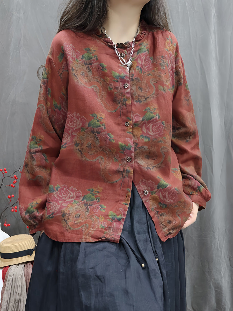 Women Autumn Vintage Flower 100%Linen O-Neck Shirt
