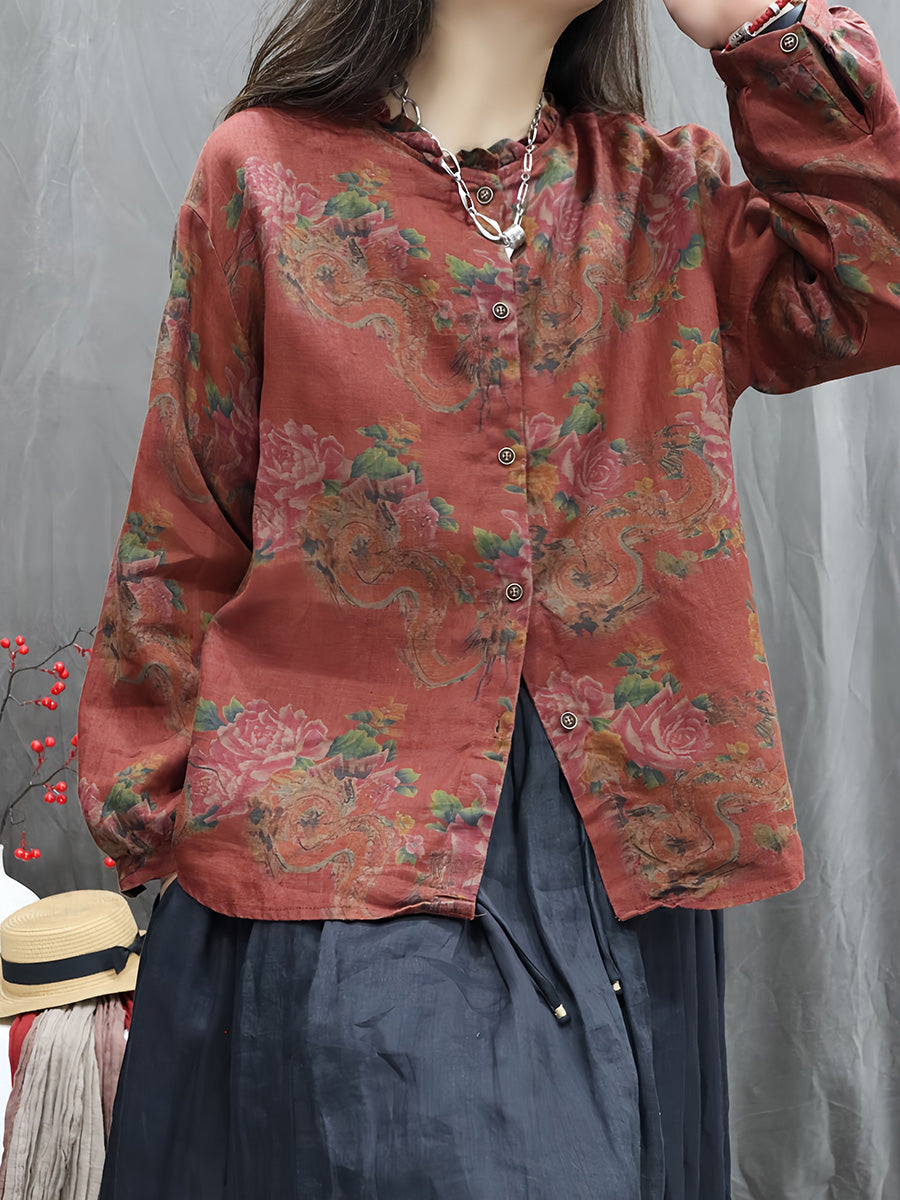 Women Autumn Vintage Flower 100%Linen O-Neck Shirt