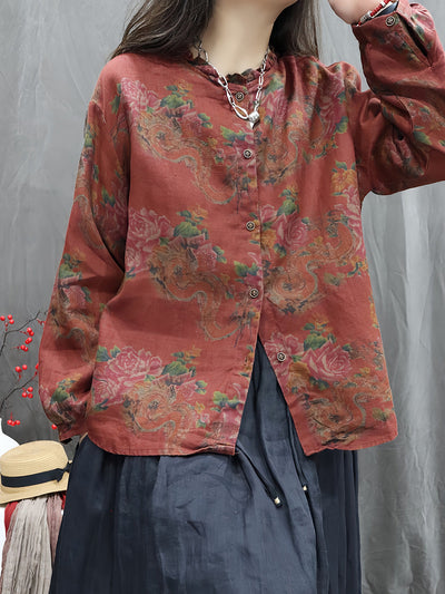 Women Autumn Vintage Flower 100%Linen O-Neck Shirt