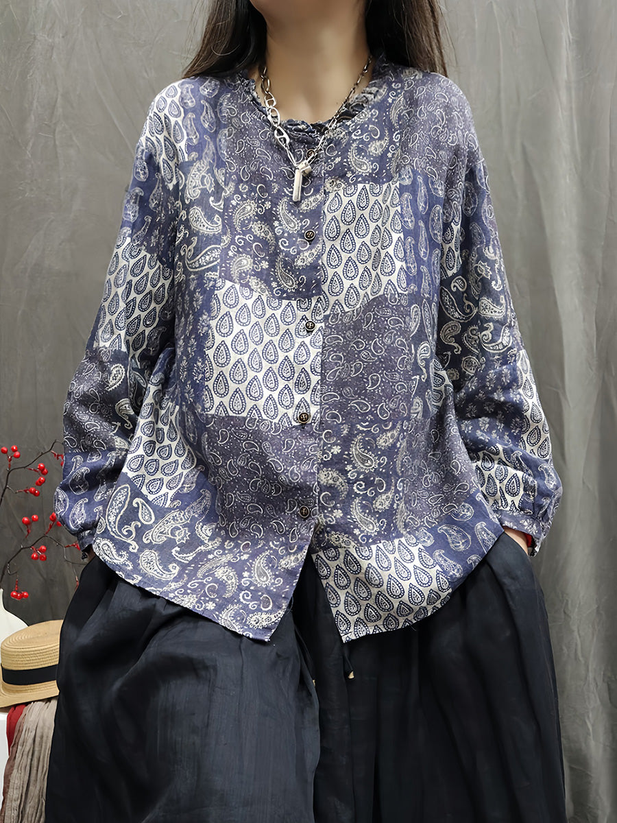 Women Autumn Vintage Flower 100%Linen O-Neck Shirt