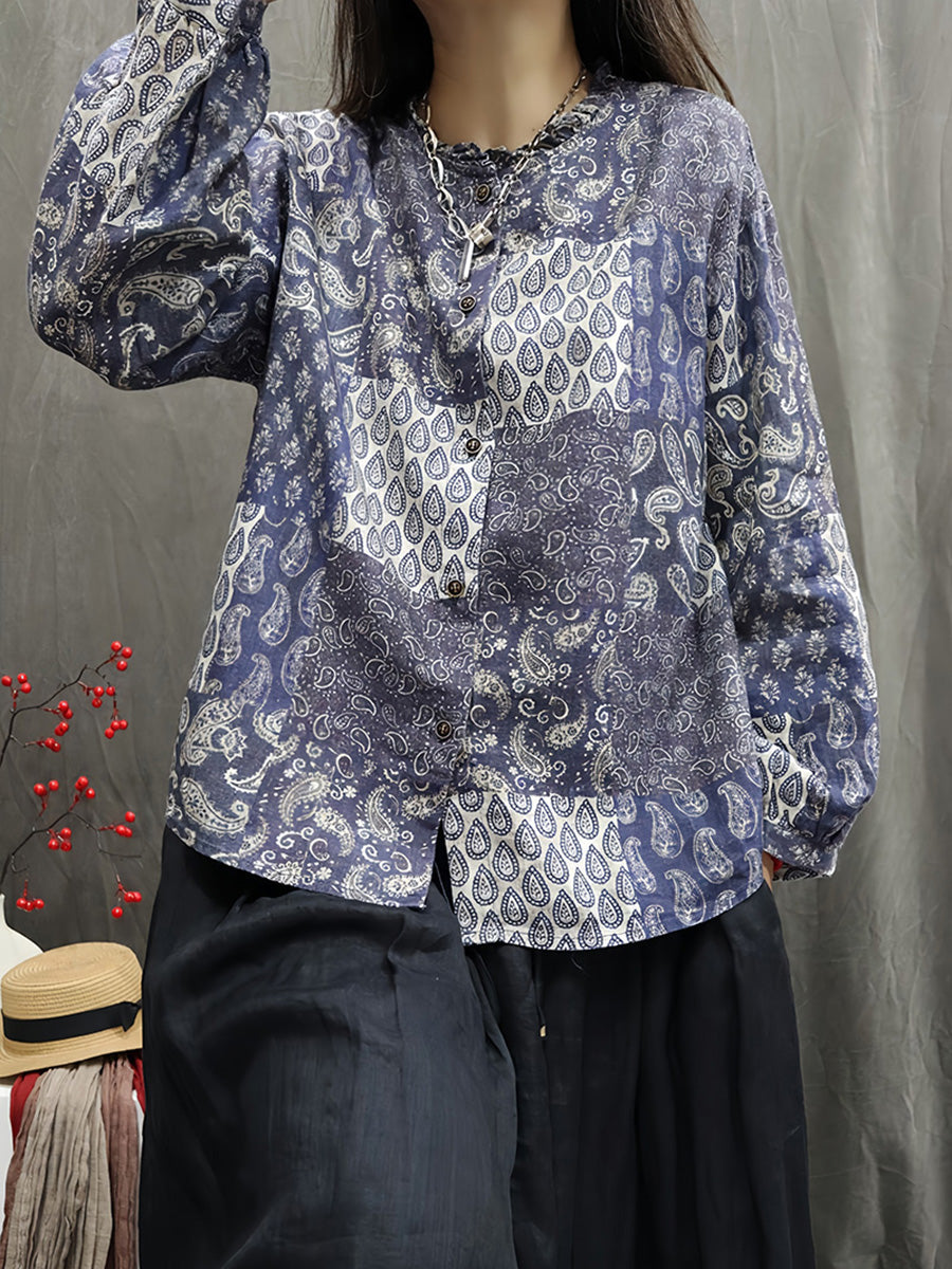 Women Autumn Vintage Flower 100%Linen O-Neck Shirt