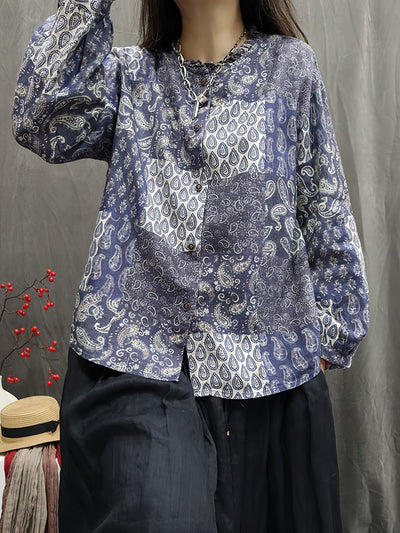 Women Autumn Vintage Flower 100%Linen O-Neck Shirt