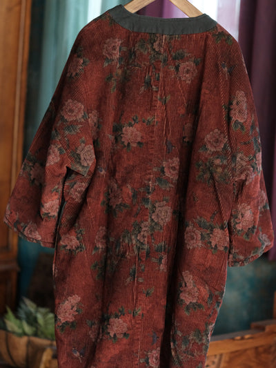Women Ethnic Autumn Flower O-Neck Corduroy Coat