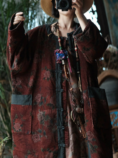 Women Ethnic Autumn Flower O-Neck Corduroy Coat