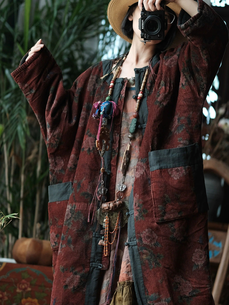 Women Ethnic Autumn Flower O-Neck Corduroy Coat