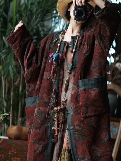 Women Ethnic Autumn Flower O-Neck Corduroy Coat
