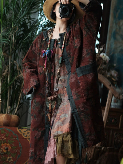 Women Ethnic Autumn Flower O-Neck Corduroy Coat