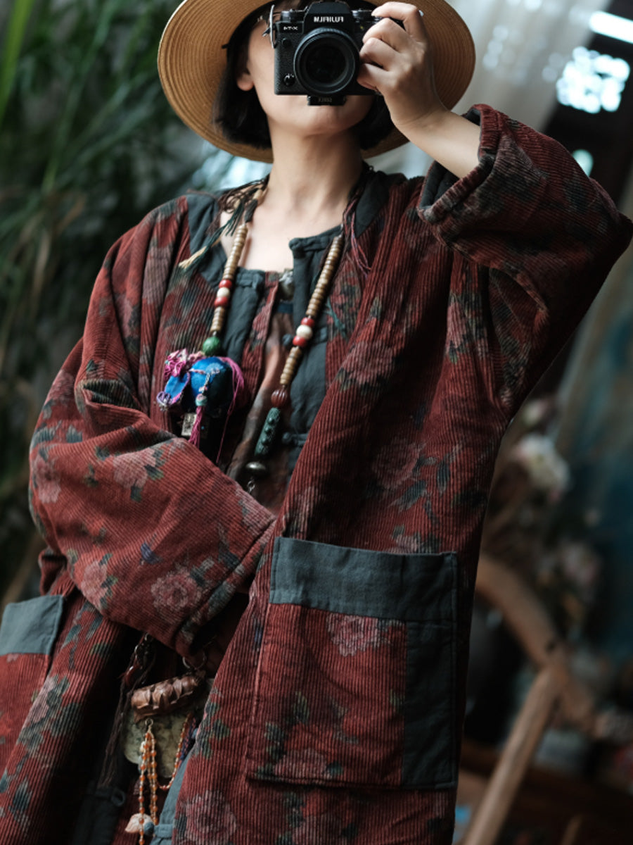 Women Ethnic Autumn Flower O-Neck Corduroy Coat