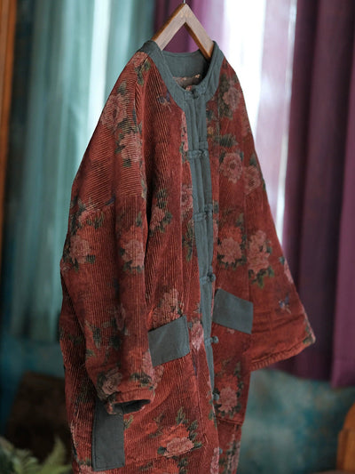 Women Ethnic Autumn Flower O-Neck Corduroy Coat